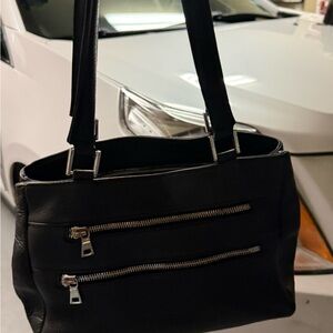 SAS Black Leather Shoulder Bag with Silver Accents